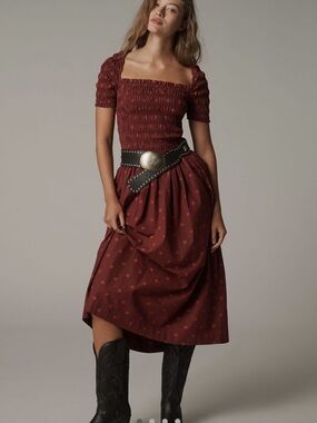 Damson Madders Smocked Square-Neck Burgundy Polka-Dot Dress